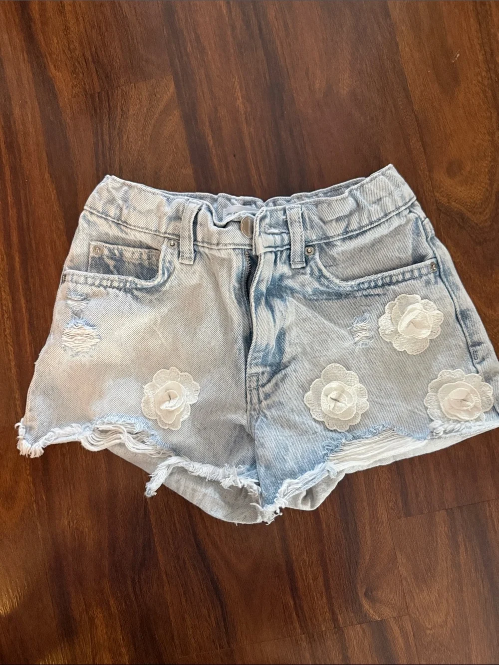 Zara Light Blue Denim Shorts with White Floral Appliqués